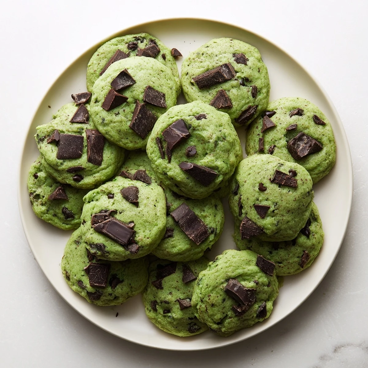 Soft green mint chocolate chip cookies stacked on a white plate with melted chocolate chips visible