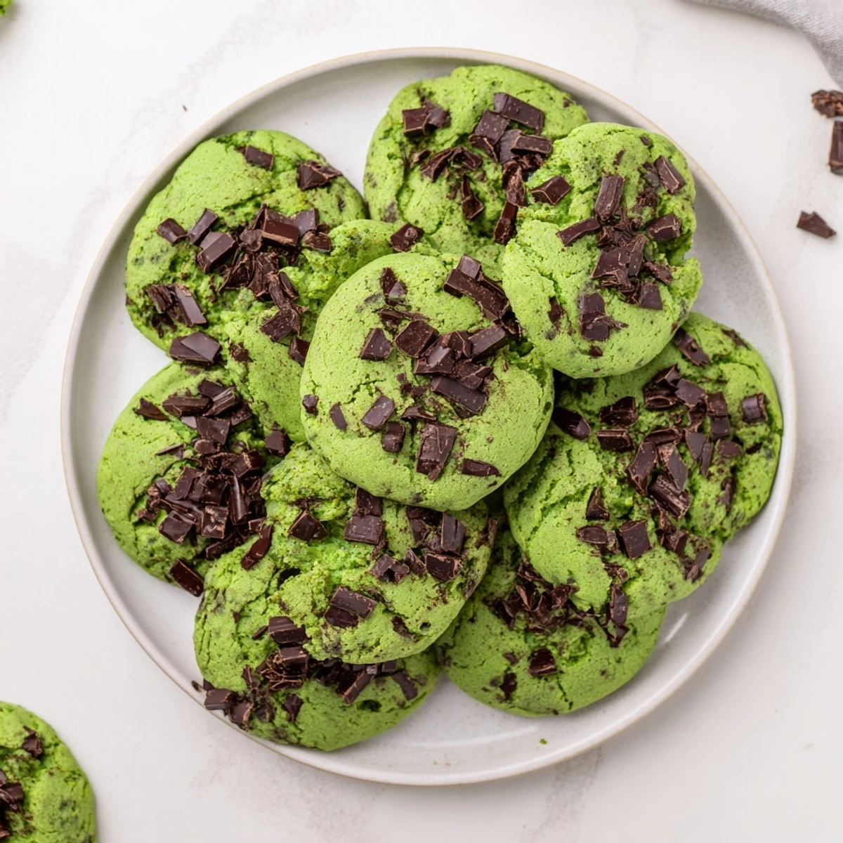 Close up of chewy green mint chocolate chip cookies showing chocolate chunks and mint flecks