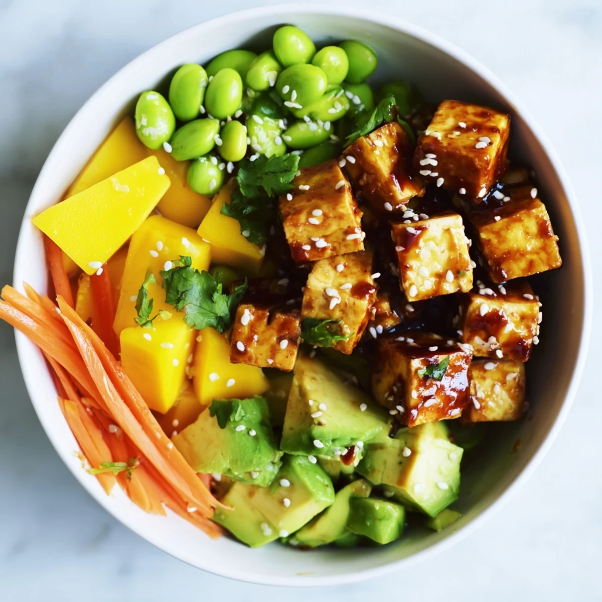 Colorful avocado mango poke salad bowl with marinated tofu over sushi rice and fresh vegetables