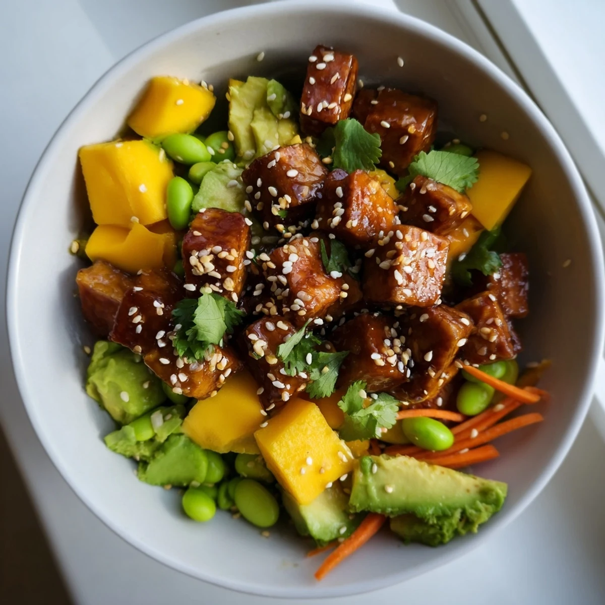 Fresh avocado mango poke salad arranged in a bowl with greens, edamame, and zesty lime wedges