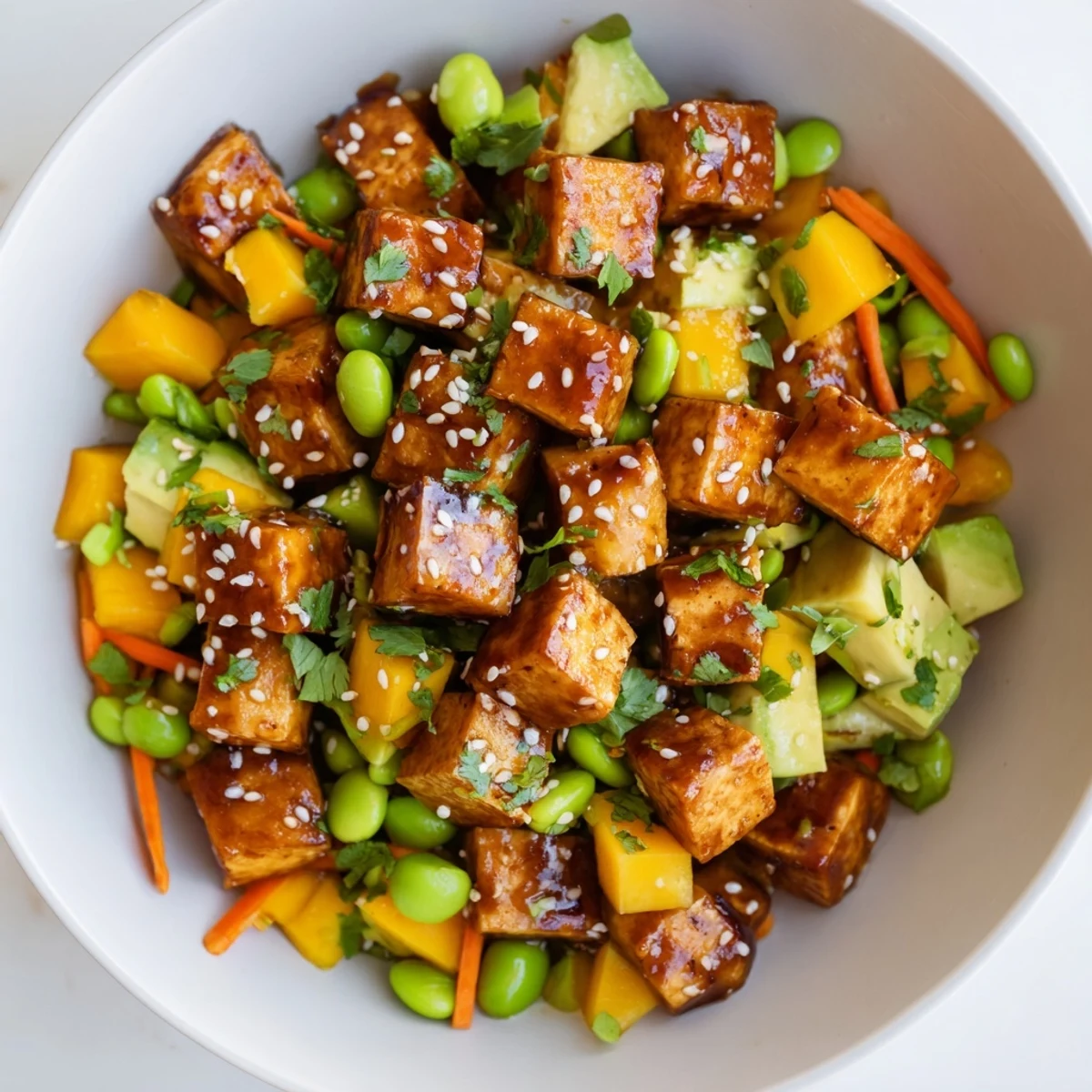 Vibrant Hawaiian fusion poke salad featuring creamy avocado, sweet mango cubes, and sesame-crusted marinated tofu