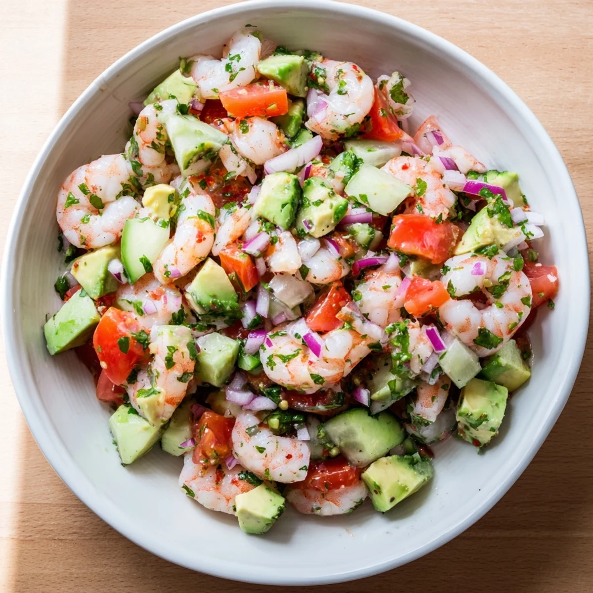 Colorful easy shrimp ceviche appetizer with tender pink shrimp, crisp vegetables, and fresh cilantro garnish