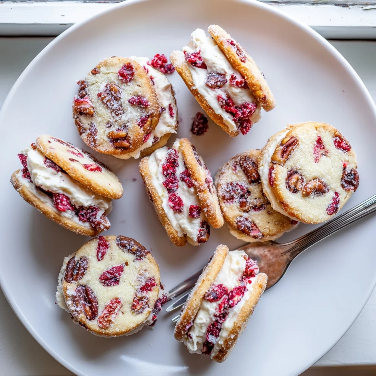 Golden cranberry pecan sandwich cookies with creamy cream cheese filling on white plate