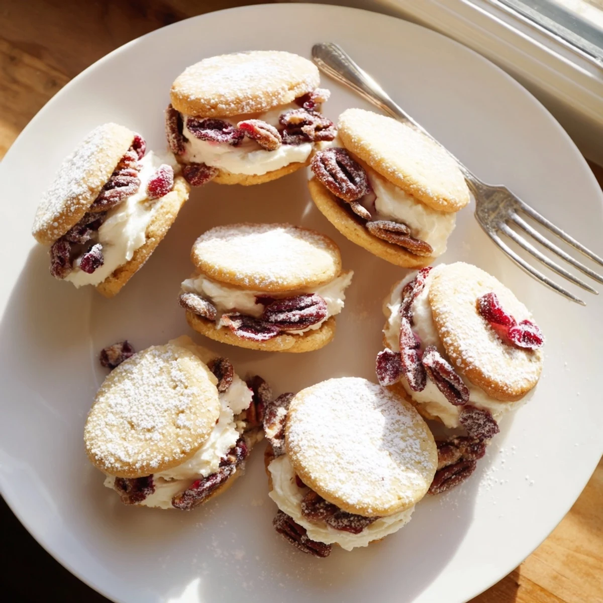 Two buttery sandwich cookies stacked showing tart red cranberries and toasted pecans inside