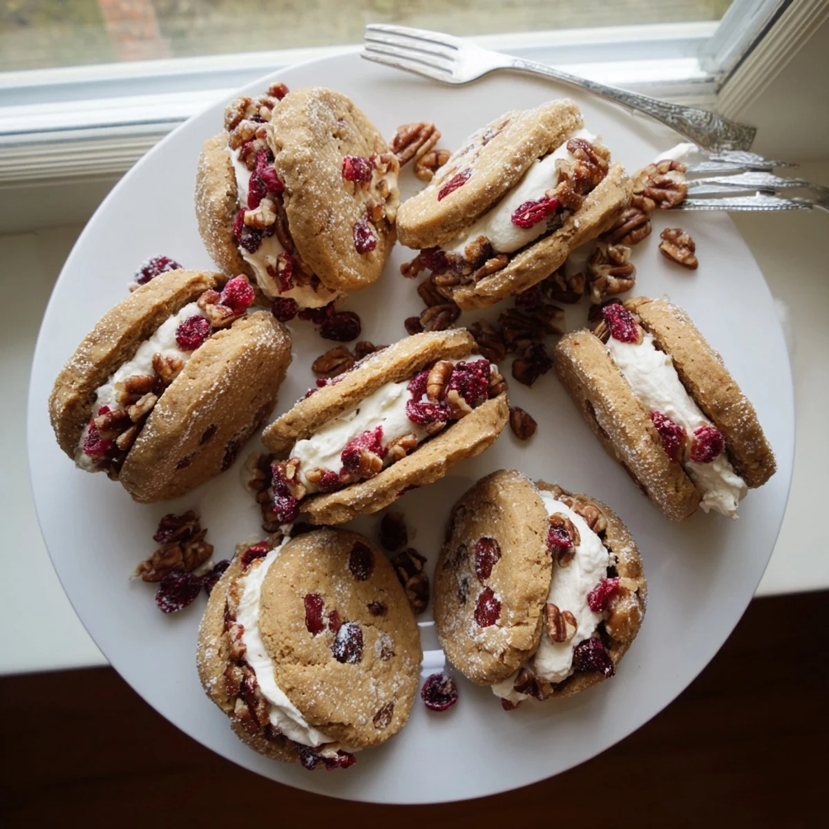 Close-up of filled cranberry pecan sandwich cookies with powdered sugar dusted edges