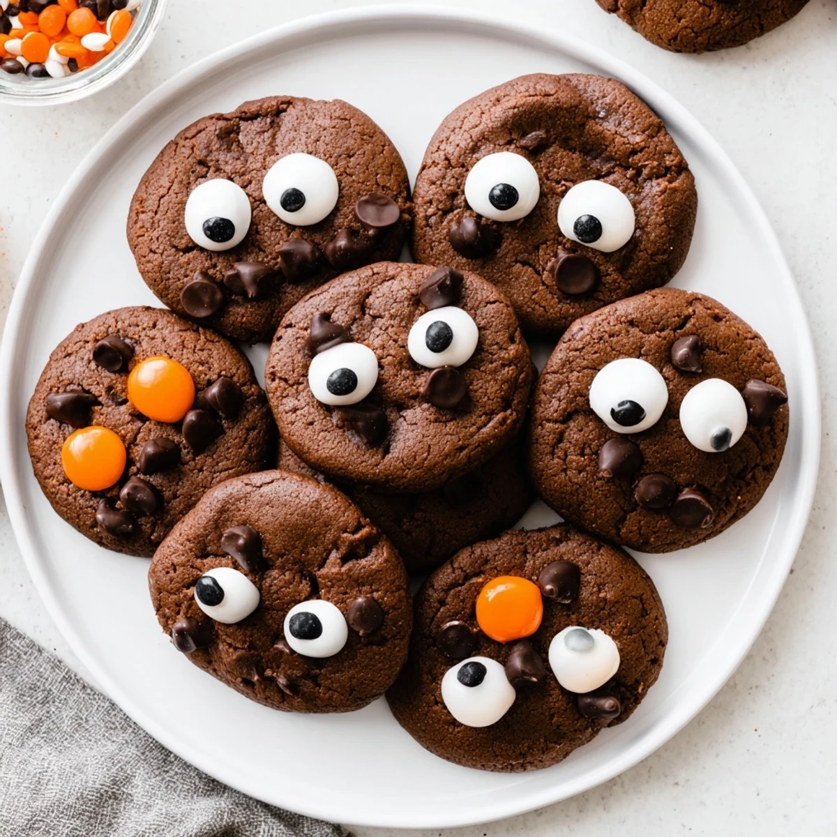 Spooky chocolate orange freaky face cookies decorated with candy eyeballs and colorful sprinkles on a white plate