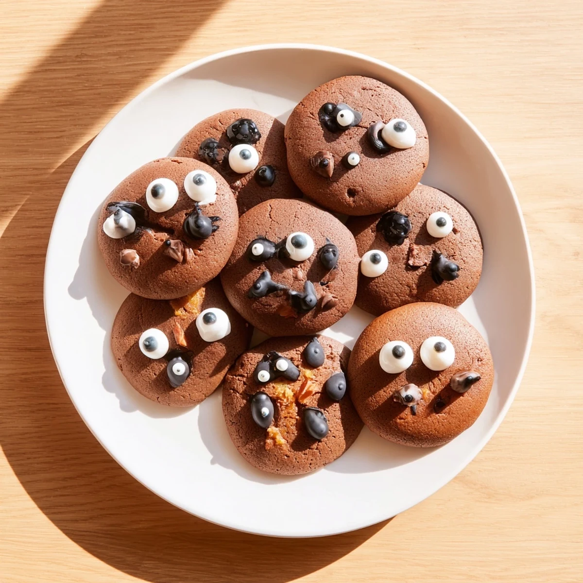 Freshly baked chocolate orange freaky face cookies with melted chocolate details and playful Halloween expressions