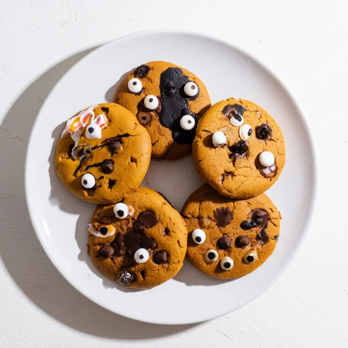 Rich chocolate orange freaky face cookies topped with candy eyes and festive sprinkles, perfect for Halloween dessert