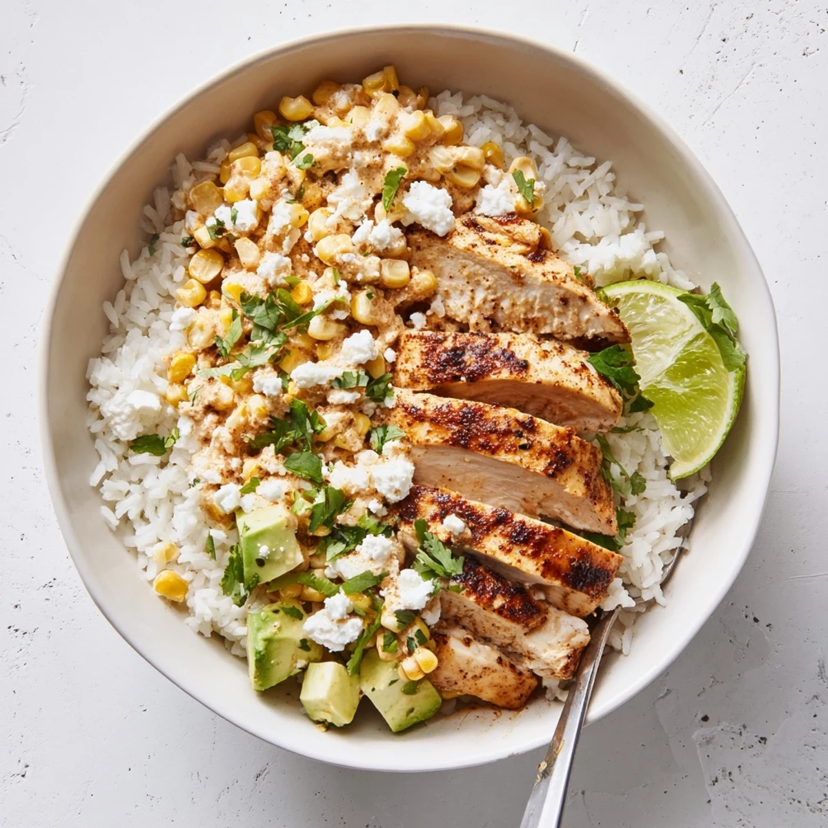 Mexican-inspired street corn chicken rice bowl topped with fresh avocado, cilantro, and tangy lime wedges