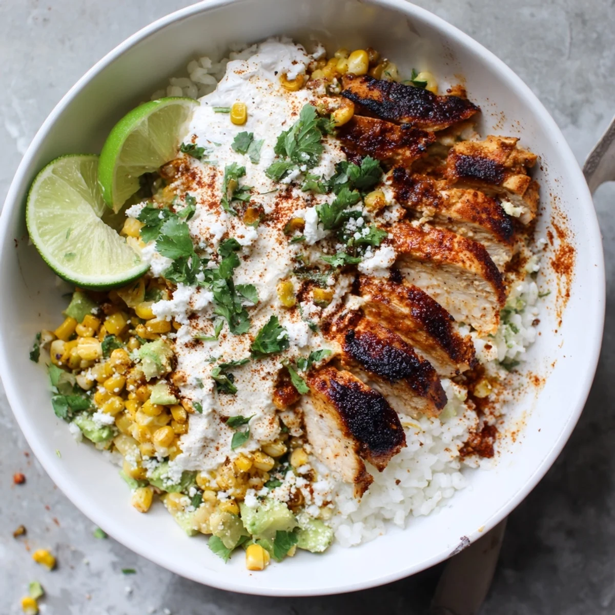 Hearty street corn chicken rice bowl with grilled seasoned chicken, savory corn mixture, and fluffy white rice