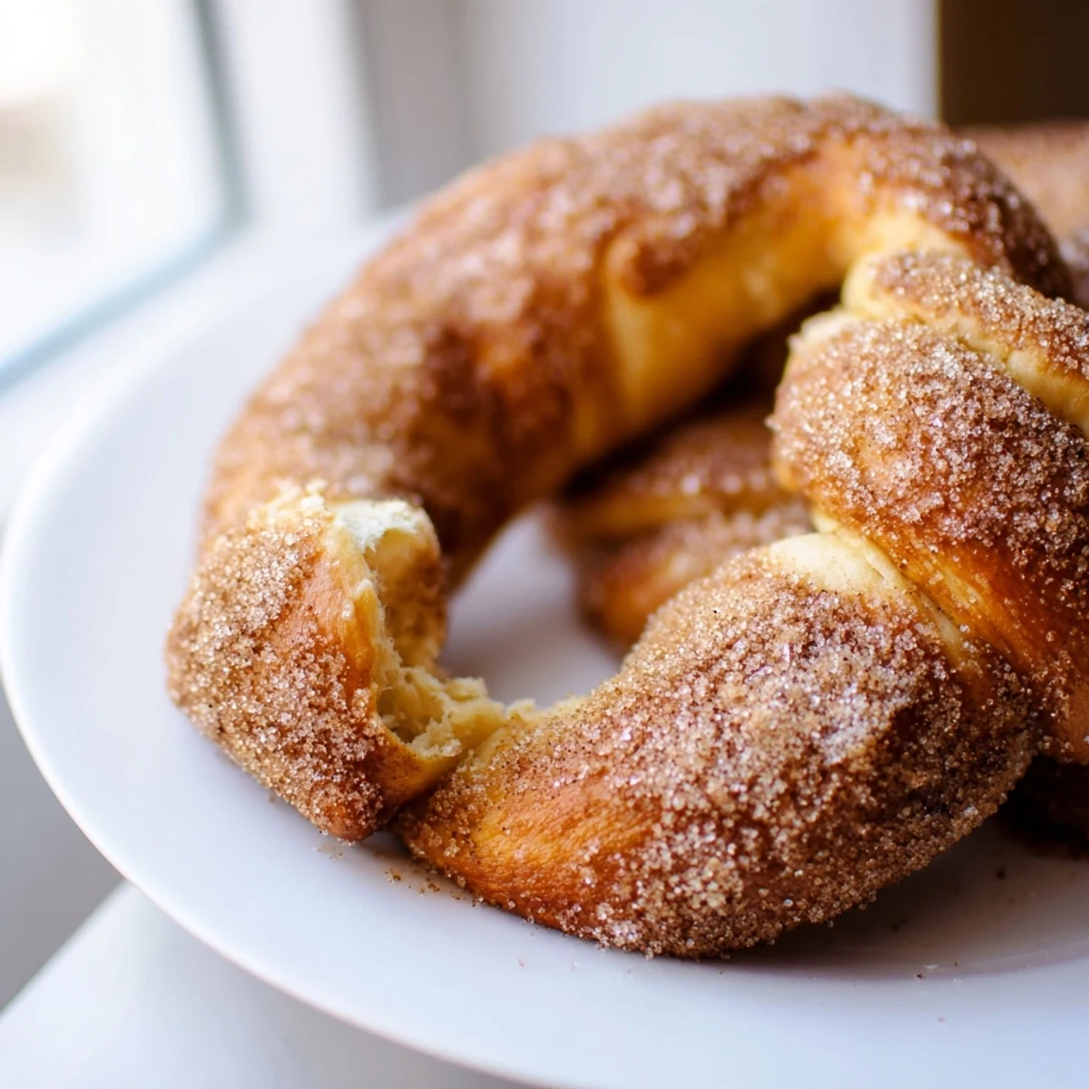 Golden brown cinnamon sugar soft pretzels sprinkled with sweet spice on a wooden board