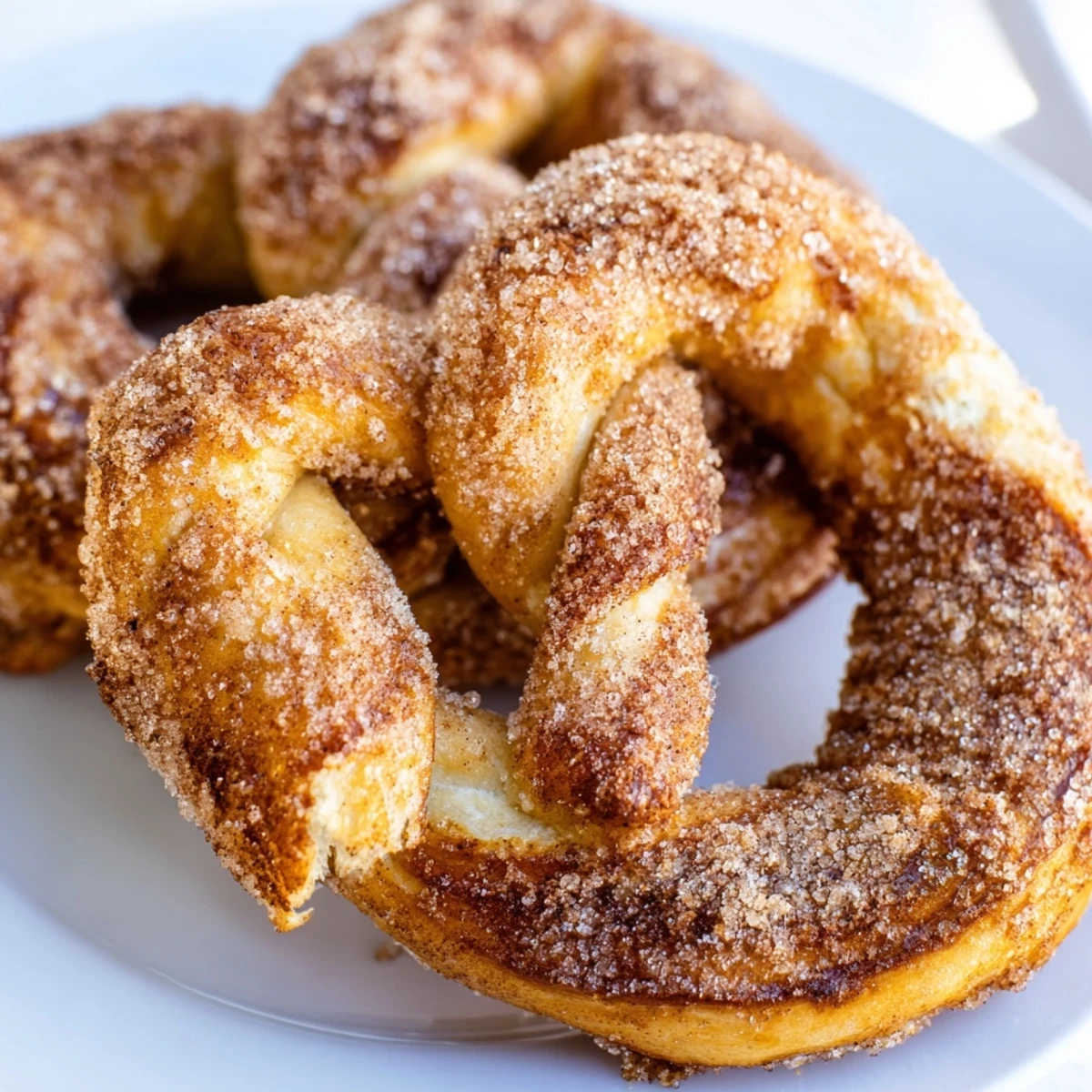Hand-twisted cinnamon sugar soft pretzels arranged on parchment paper with visible sugar coating