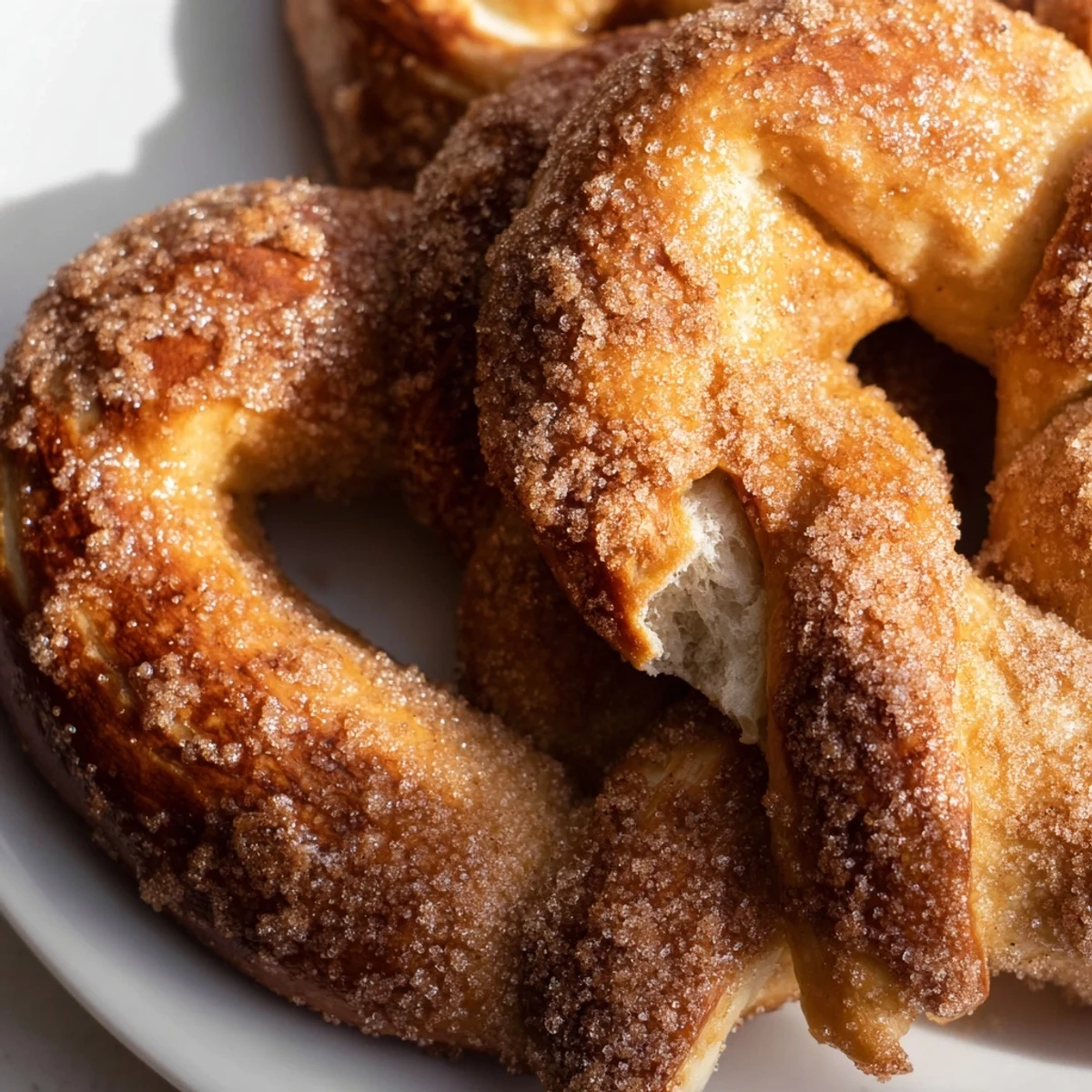 Warm soft pretzels freshly coated in buttery cinnamon sugar mixture, glistening under kitchen lights