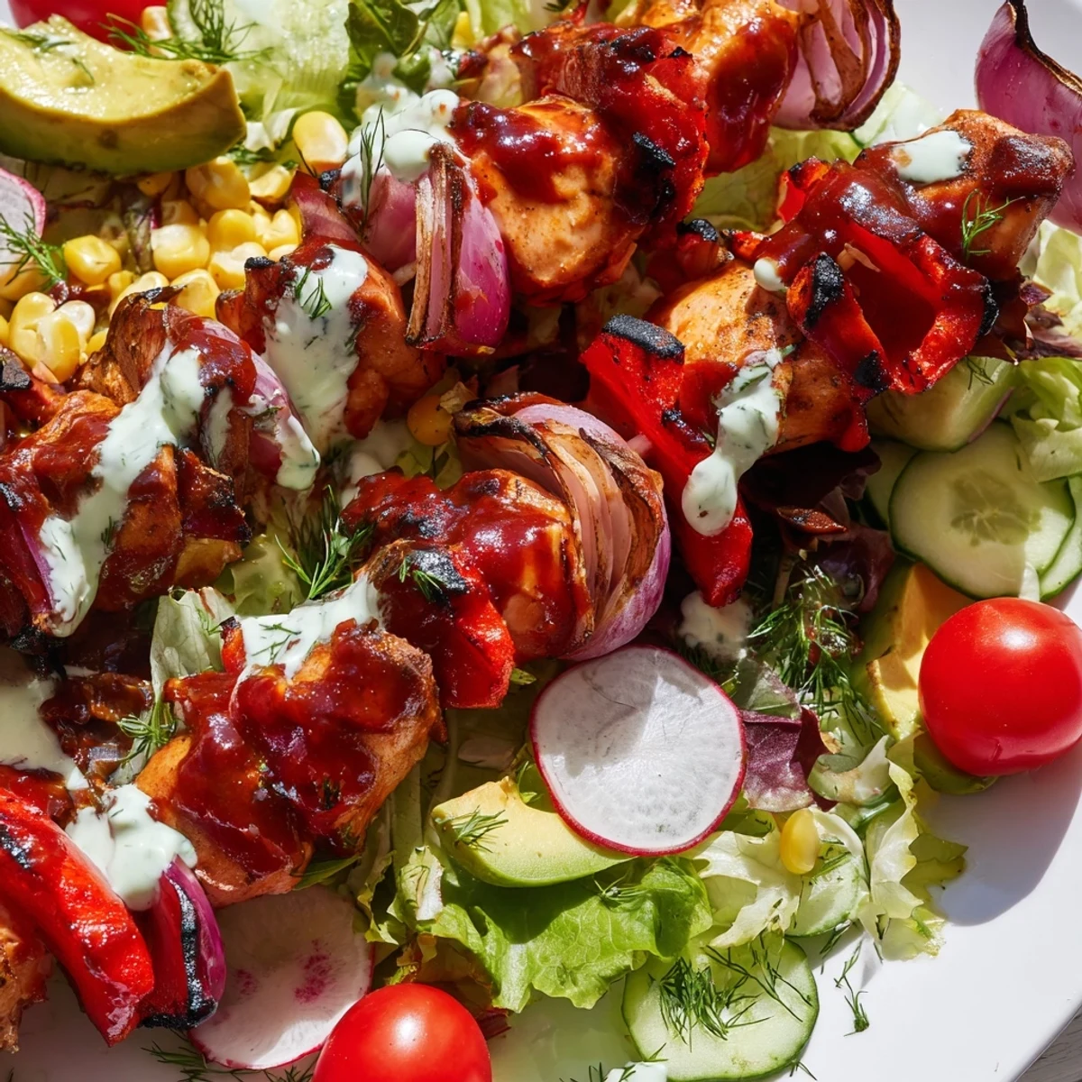 Juicy grilled BBQ chicken skewer salad topped with colorful vegetables and creamy homemade herby ranch dressing