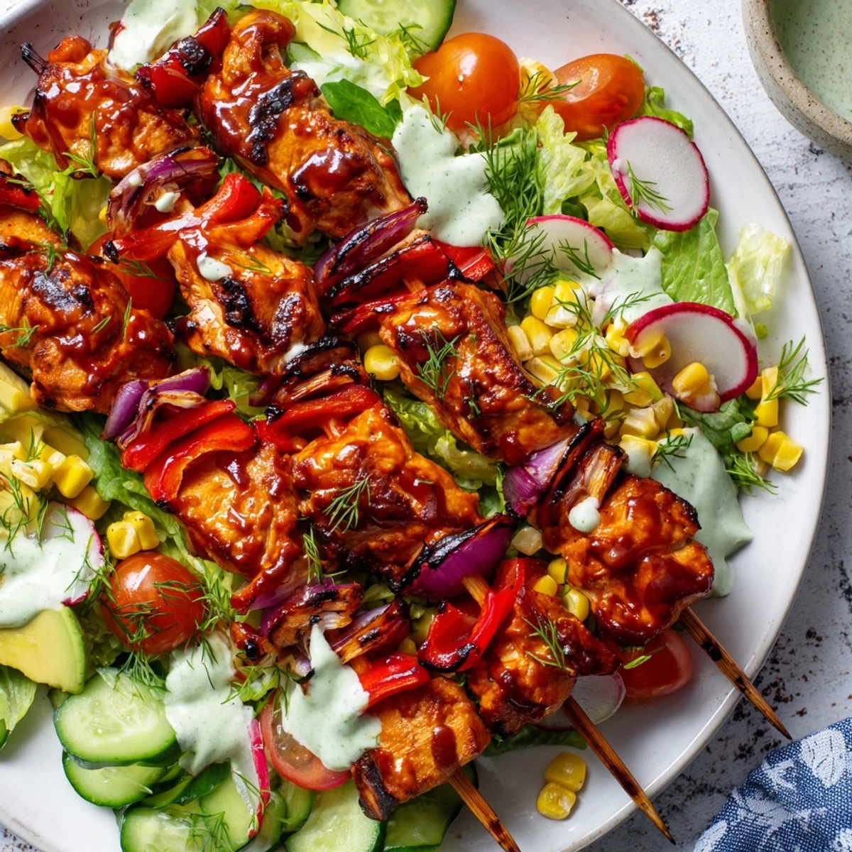 Charred BBQ chicken skewers arranged over crisp mixed greens with sweet corn avocado and herby ranch