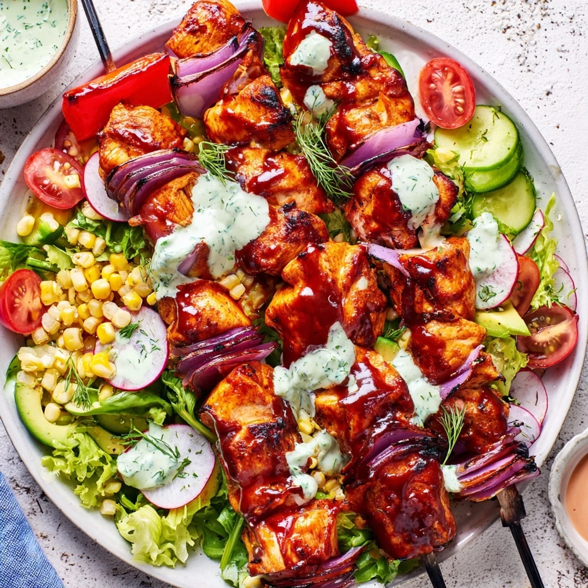 Succulent BBQ chicken skewer salad featuring fresh vegetables drizzled with tangy herby ranch for a satisfying meal