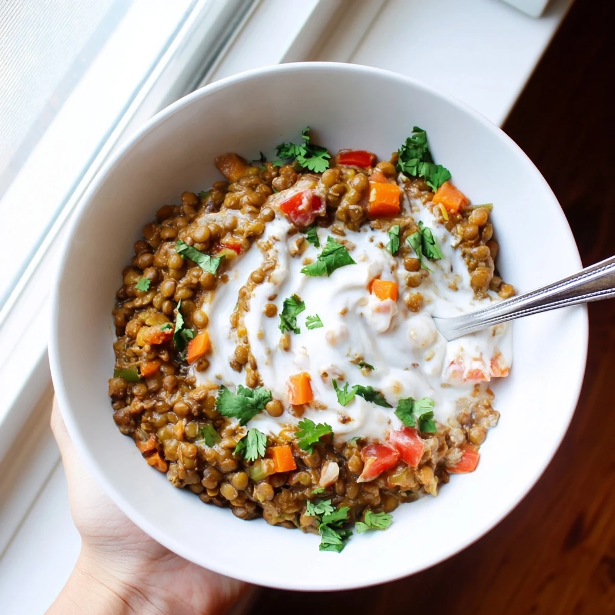 Golden Greek yogurt lentel curry steaming hot alongside fluffy basmati rice and warm naan
