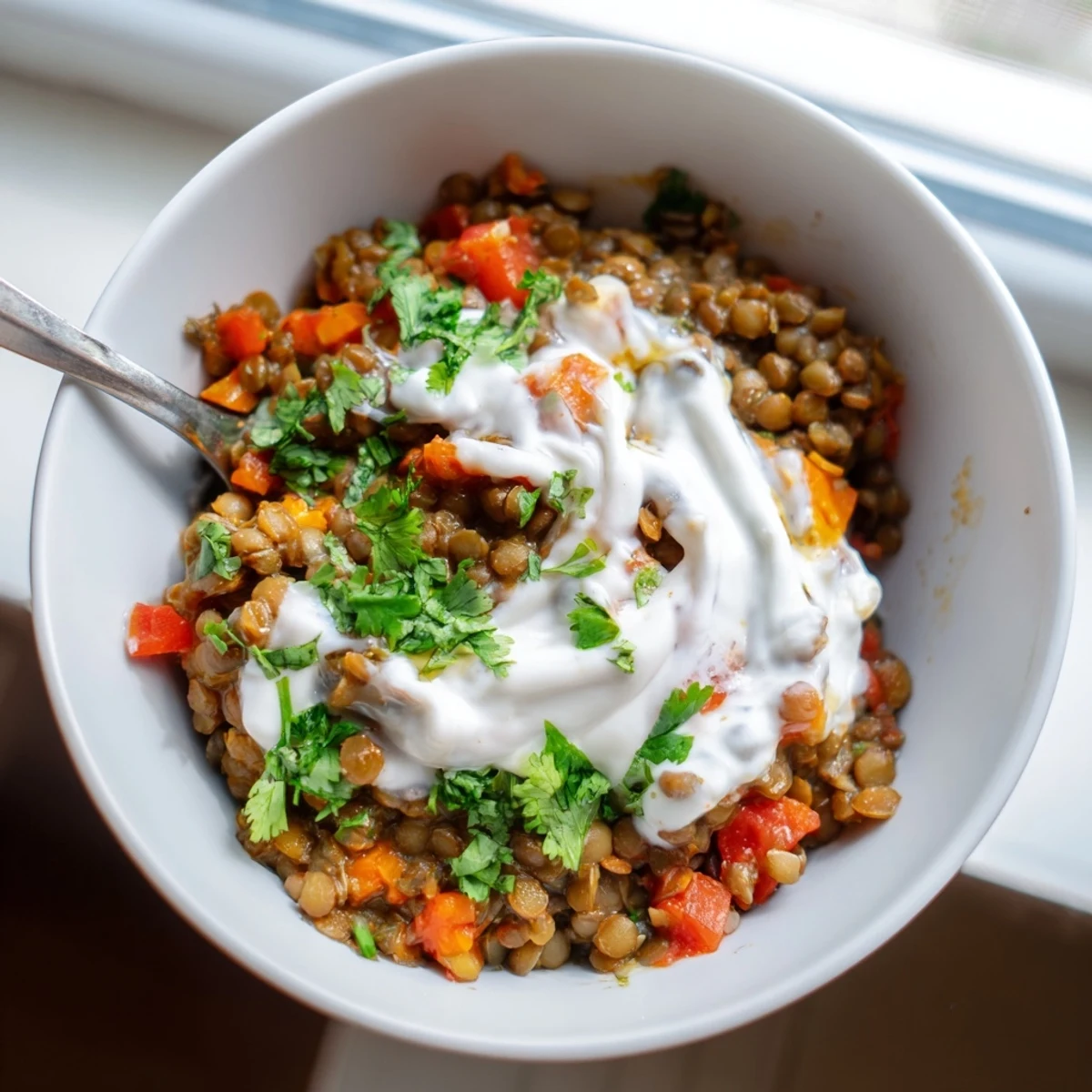 Creamy Greek yogurt lentil curry served in a white bowl garnished with fresh cilantro