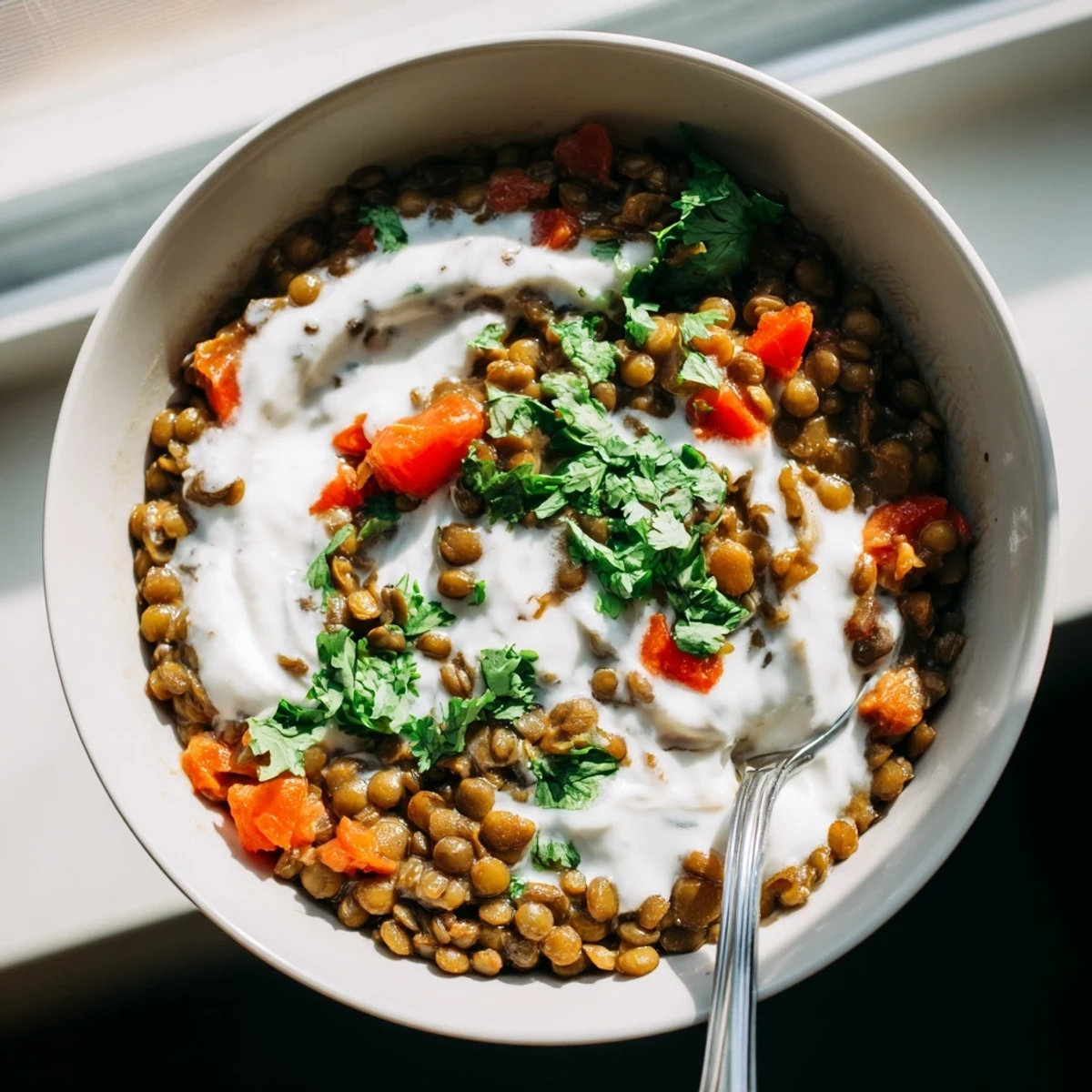 Spoon lifting velvety Greek yogurt lentil curry with vibrant spices and tender vegetables