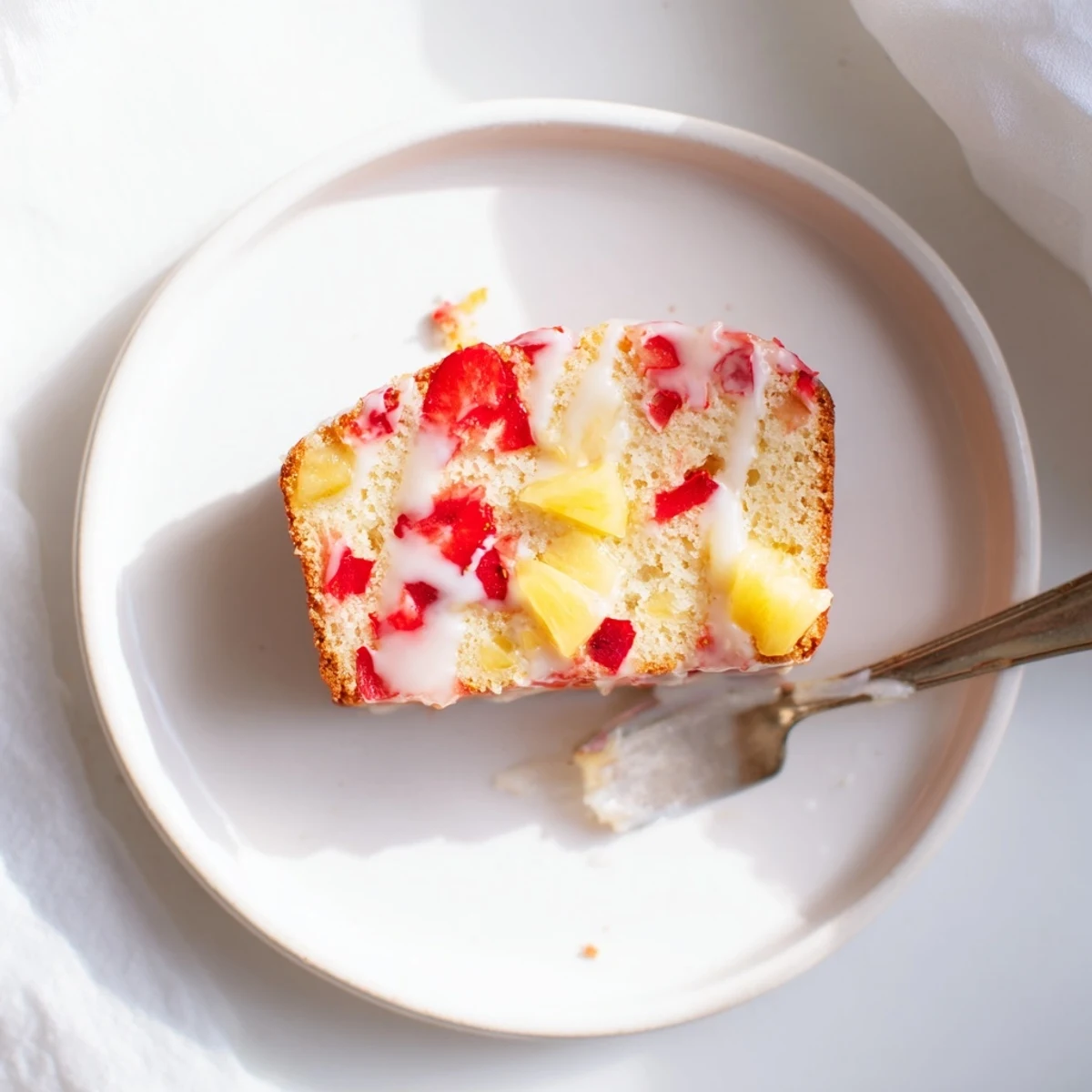 Golden loaf of strawberry pineapple pound cake with vibrant red fruit chunks visible in the tender crumb