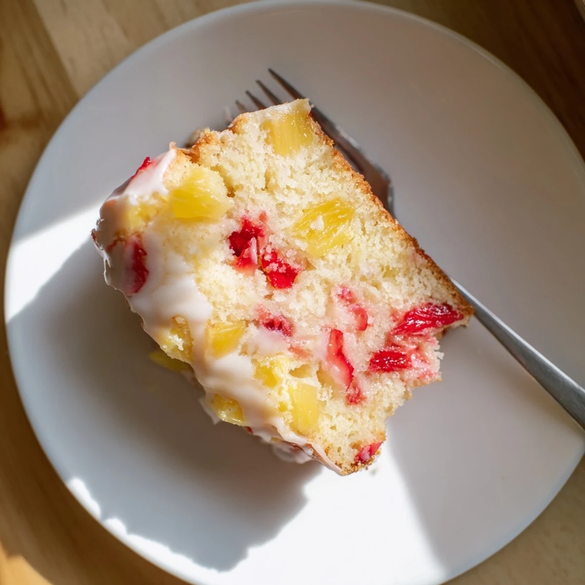 Moist pineapple strawberry pound cake slice drizzled with sweet white glaze on a decorative serving plate