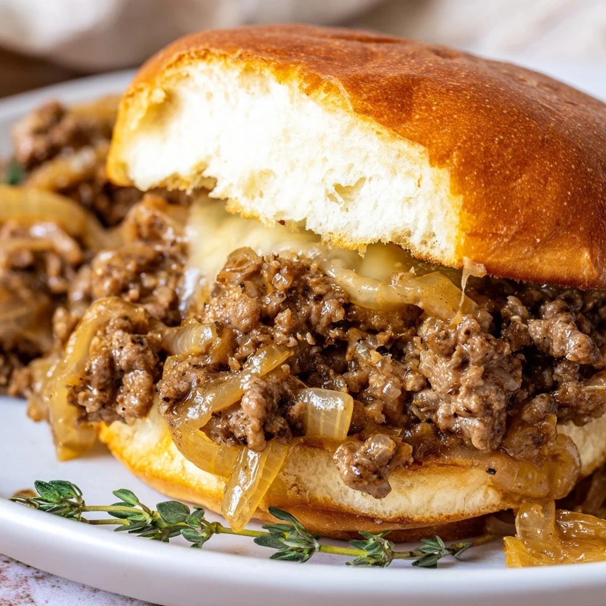 Golden brown French onion beef sloppy jones stacked on toasted brioche buns with melted provolone cheese