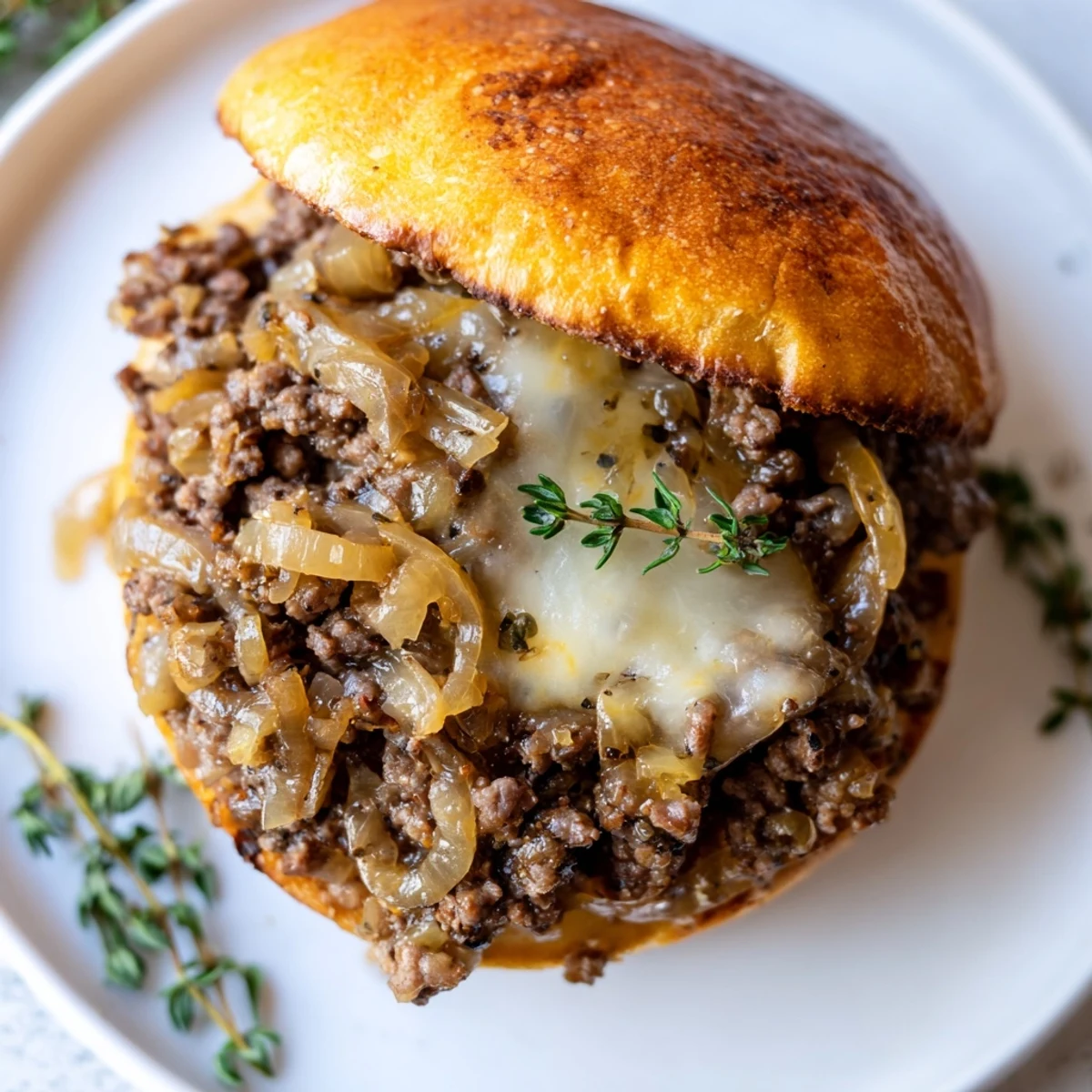 Savory ground beef and caramelized onion mixture piled high on a buttery toasted bun