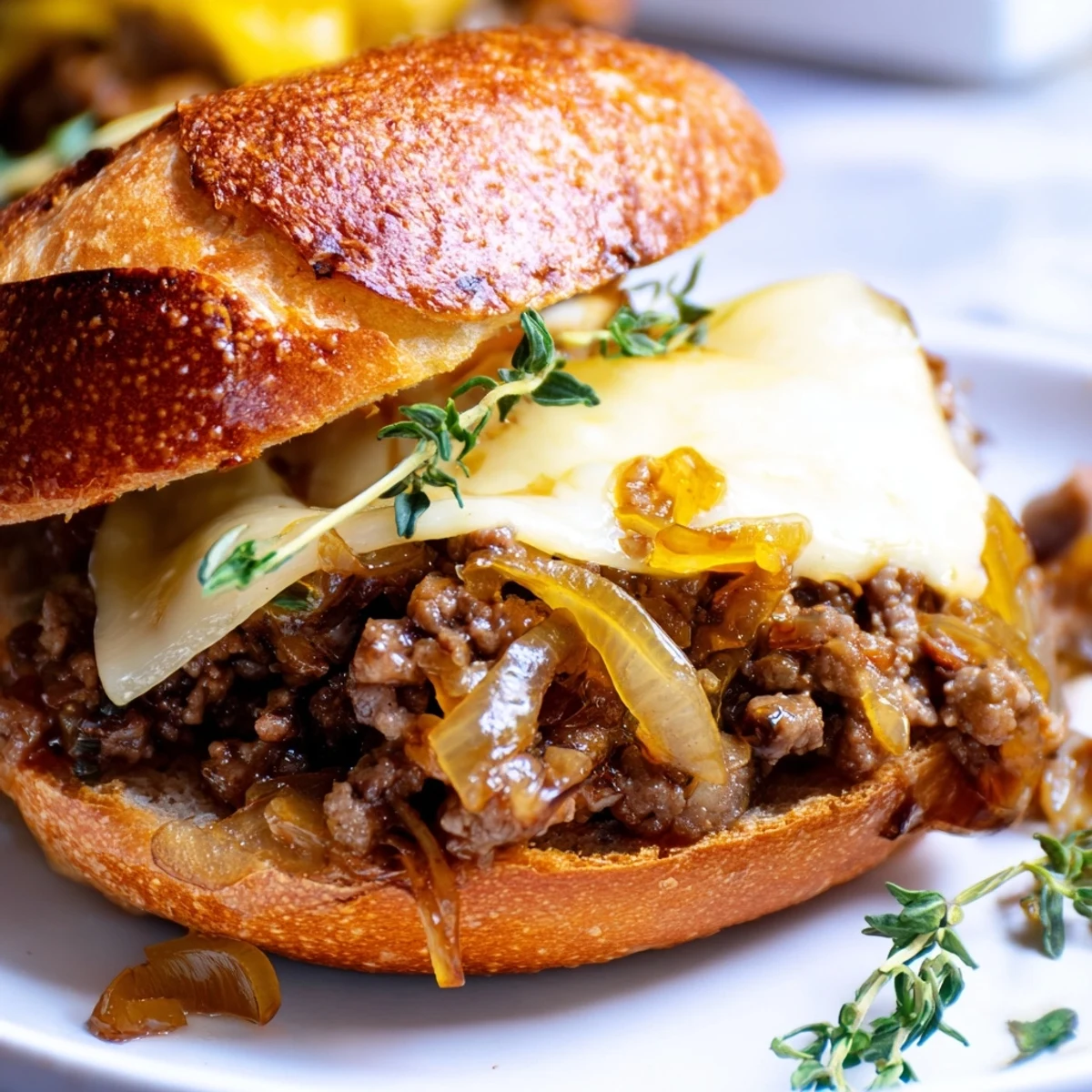 Rich and meaty French onion sloppy joe sandwich oozing melted cheese over tender beef filling