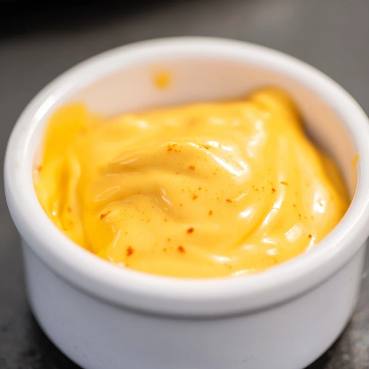 Creamy homemade cheese sauce for fries bubbling in a small glass dipping bowl with melted cheddar