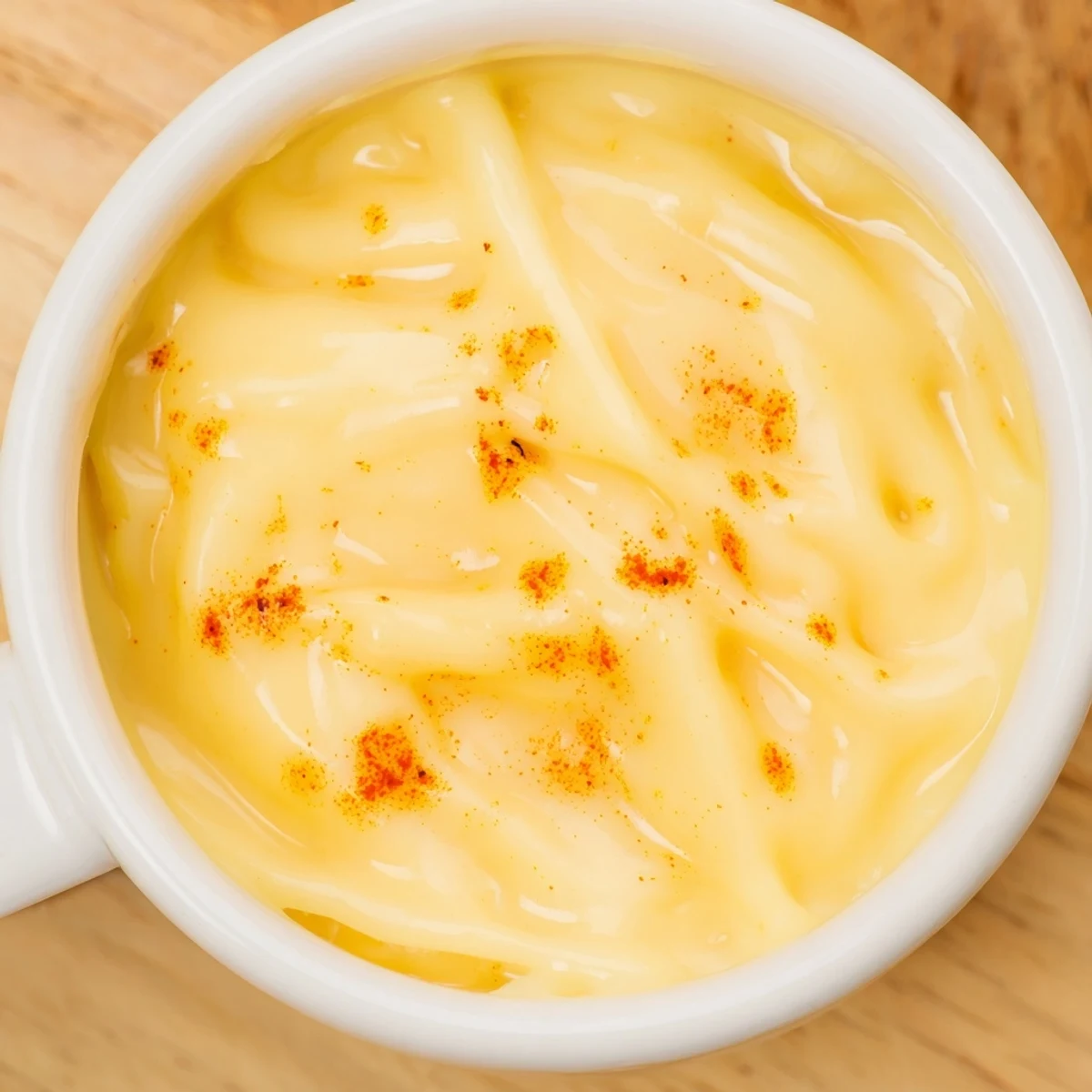 Golden cheese sauce for fries drizzled generously over crispy golden potato wedges on a white plate