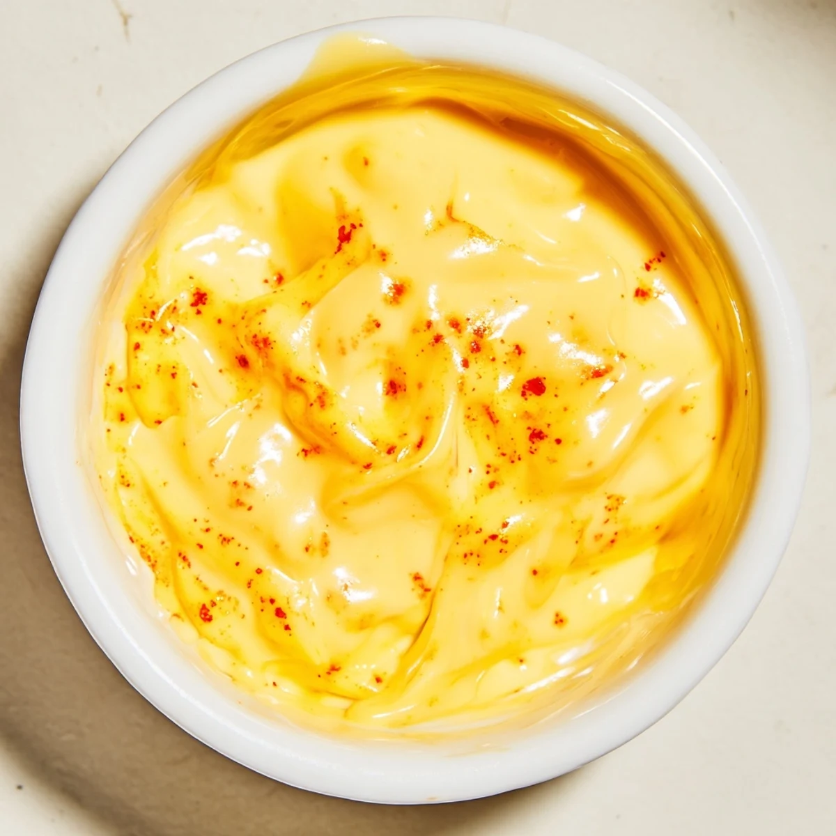 Smooth velvety cheese sauce for fries ladled over a mound of salted french fries for dipping