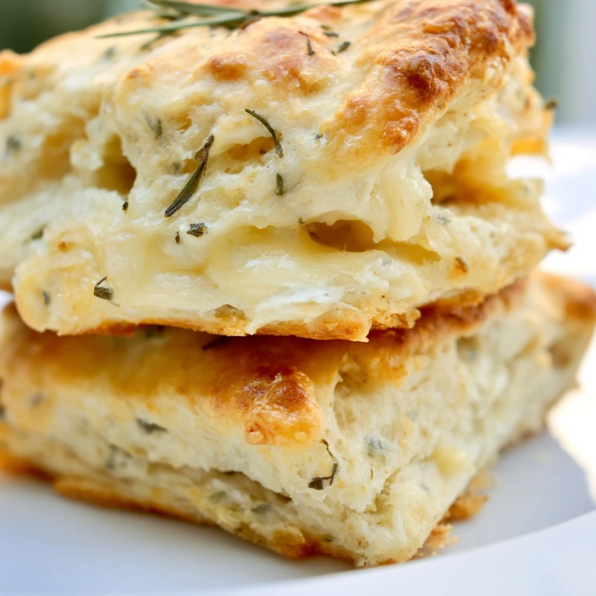 Stack of warm flaky biscuits baked with fresh sage herbs and melted Gruyere cheese top view
