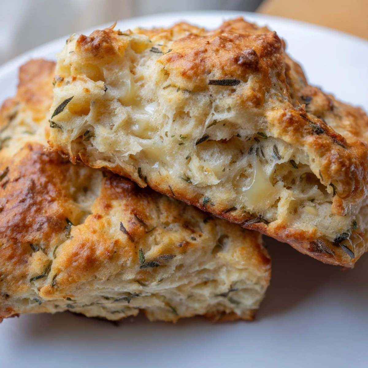 Hand holding warm sage and Gruyere biscuit on white plate with honey drizzle on side