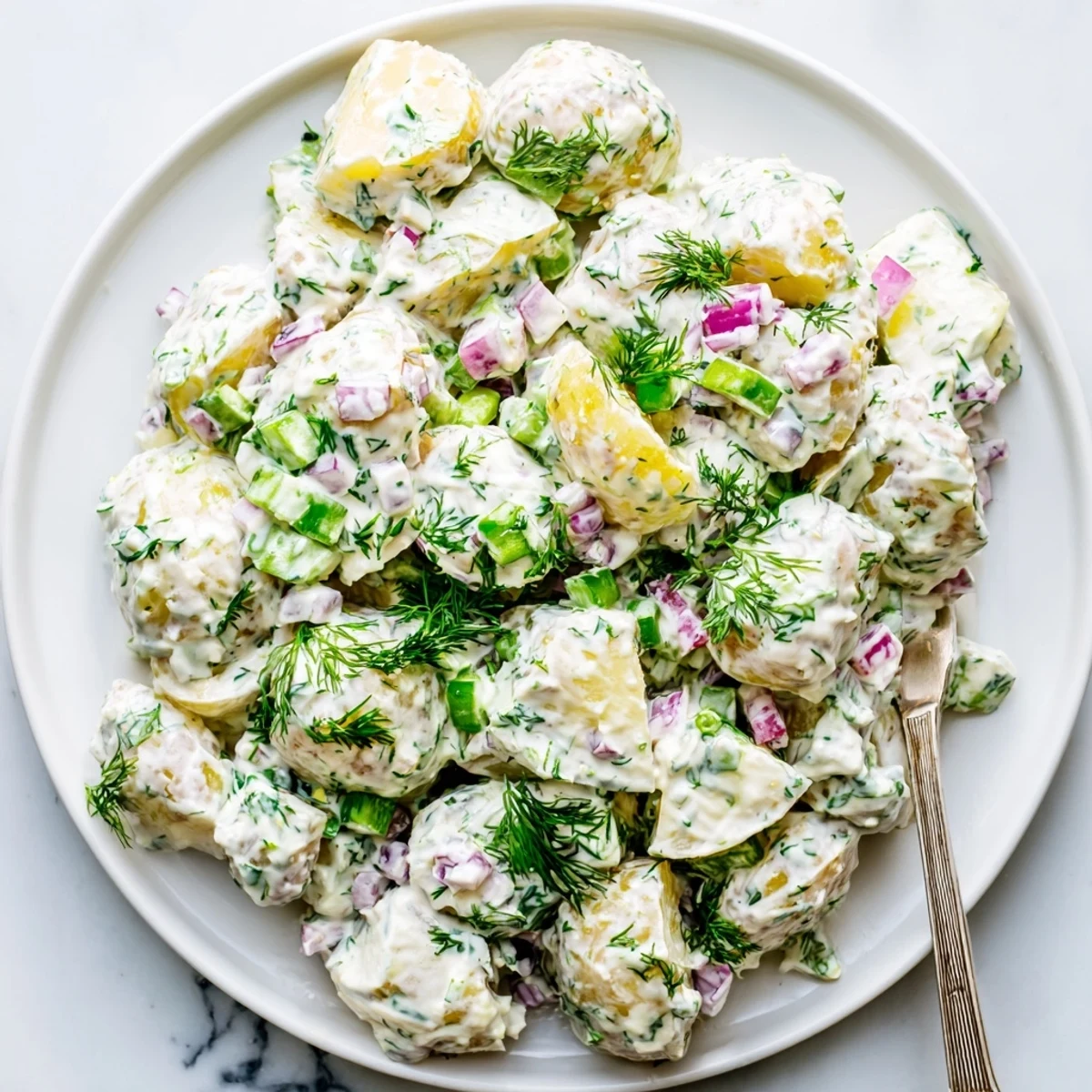 Light and tangy Greek yogurt potato salad featuring diced celery, red onion, and chopped dill for summer picnics