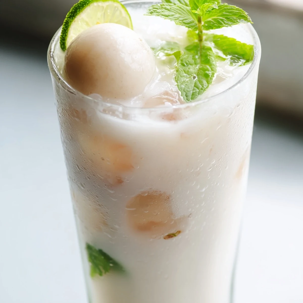 Creamy coconut lychee iced drink served in tall glasses over ice with fresh mint garnish