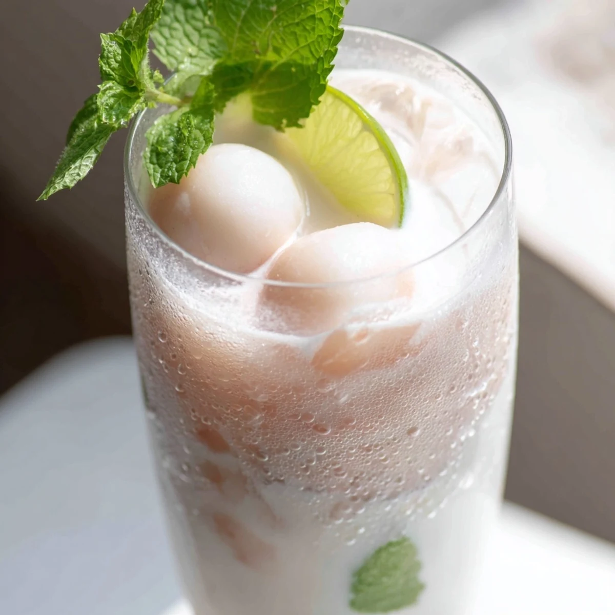 Tropical coconut lychee iced drink featuring frothy white coconut milk blended with sweet lychee fruit