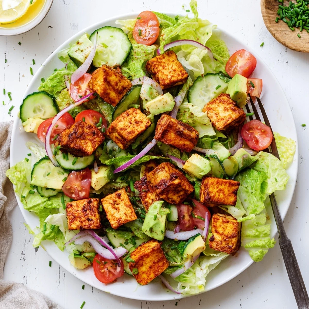Summer smoky tofu lettuce tomato salad topped with fresh herbs and light lemon dressing