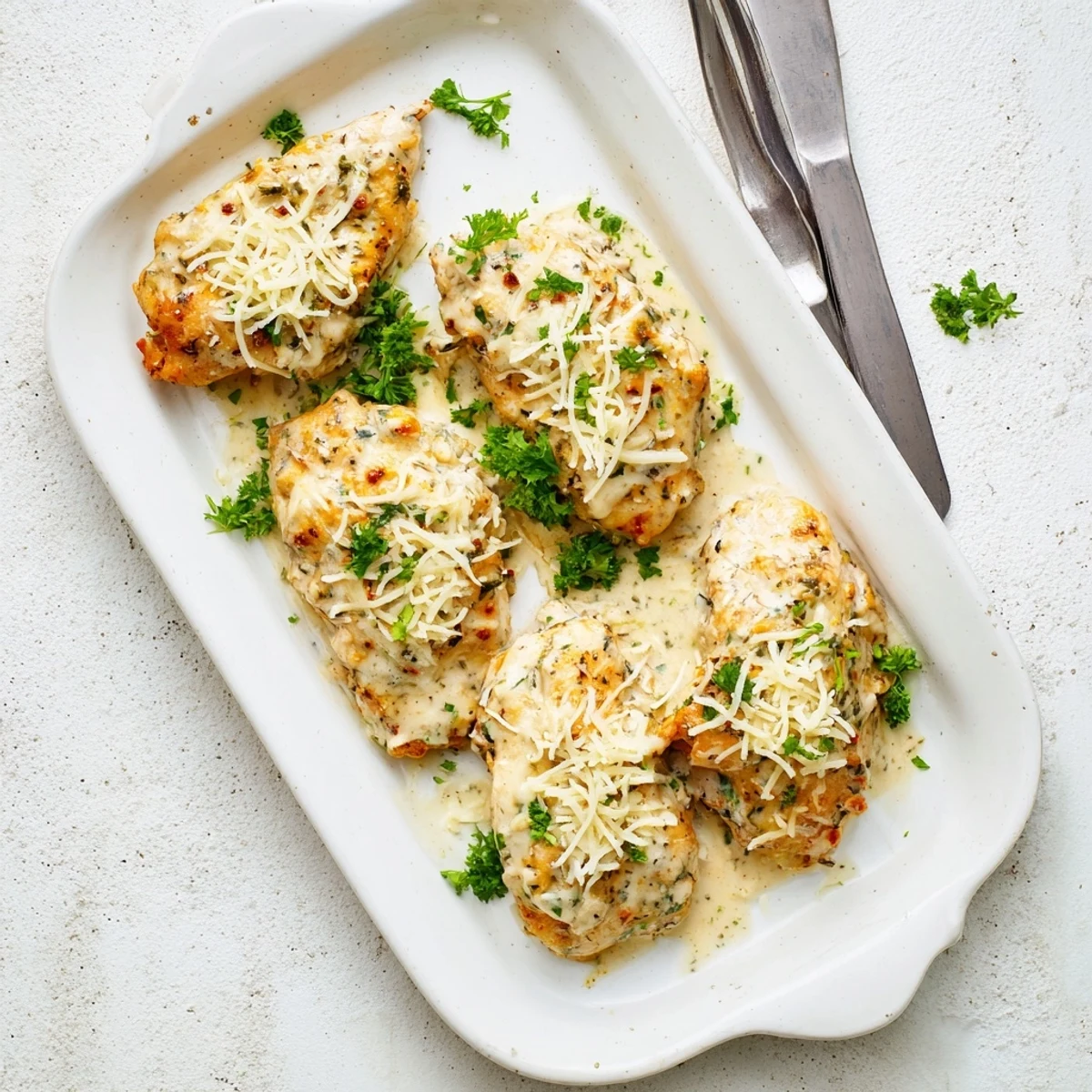 Creamy Caesar chicken breasts fresh from the oven with bubbling cheese sauce and parsley garnish