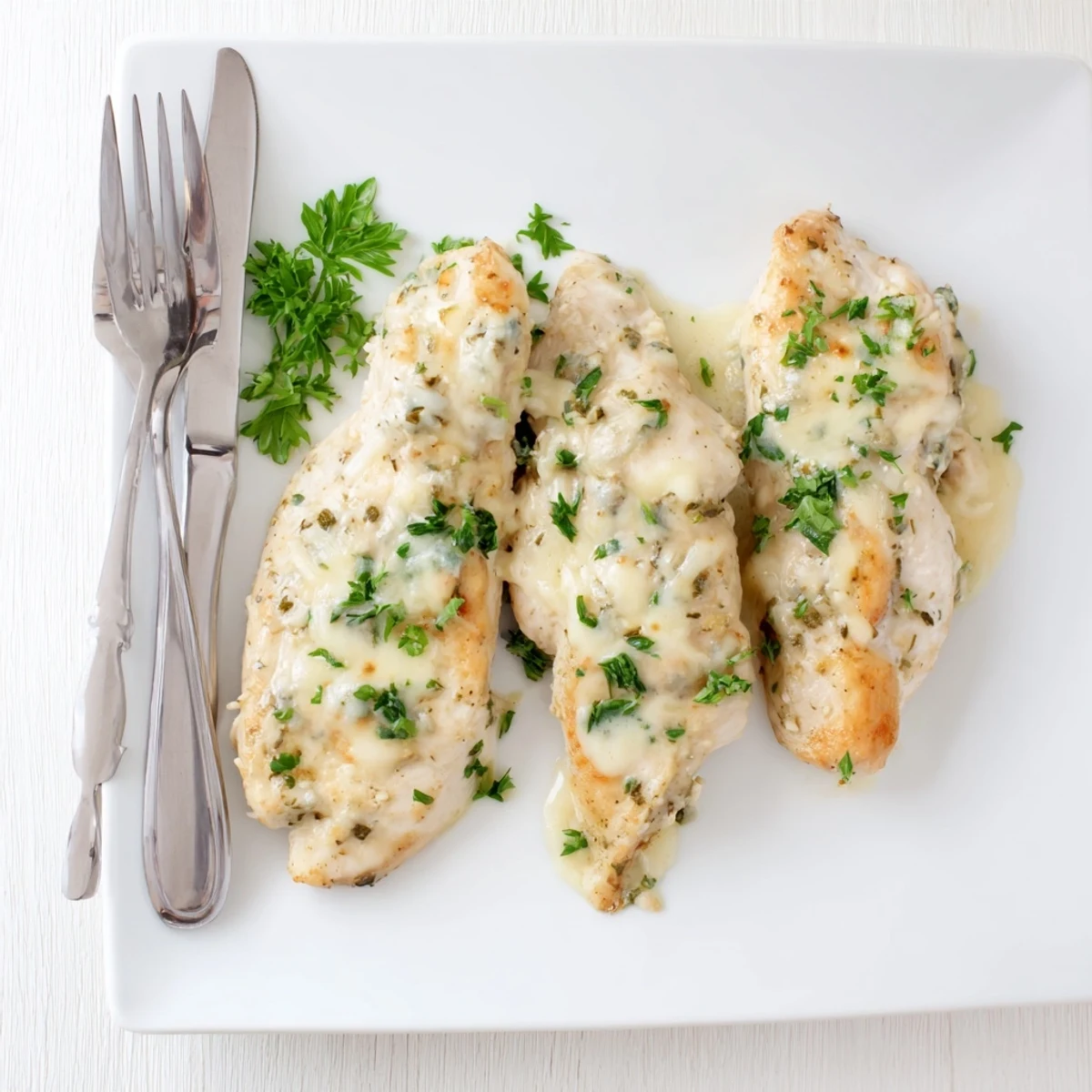 Golden brown parmesan baked Caesar chicken with melted mozzarella topping on a white serving plate