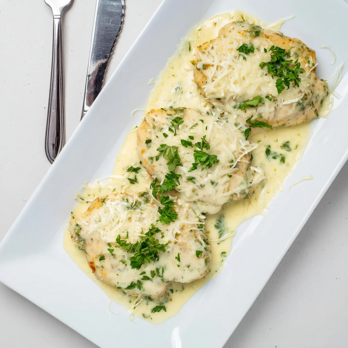Tender baked Caesar chicken with golden parmesan crust served over a bed of crisp romaine lettuce