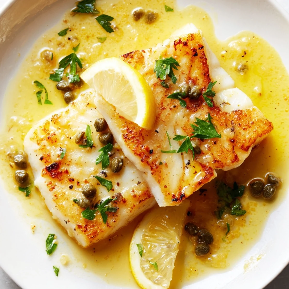 Golden pan-seared cod fillets drizzled with bright lemon caper sauce and fresh parsley