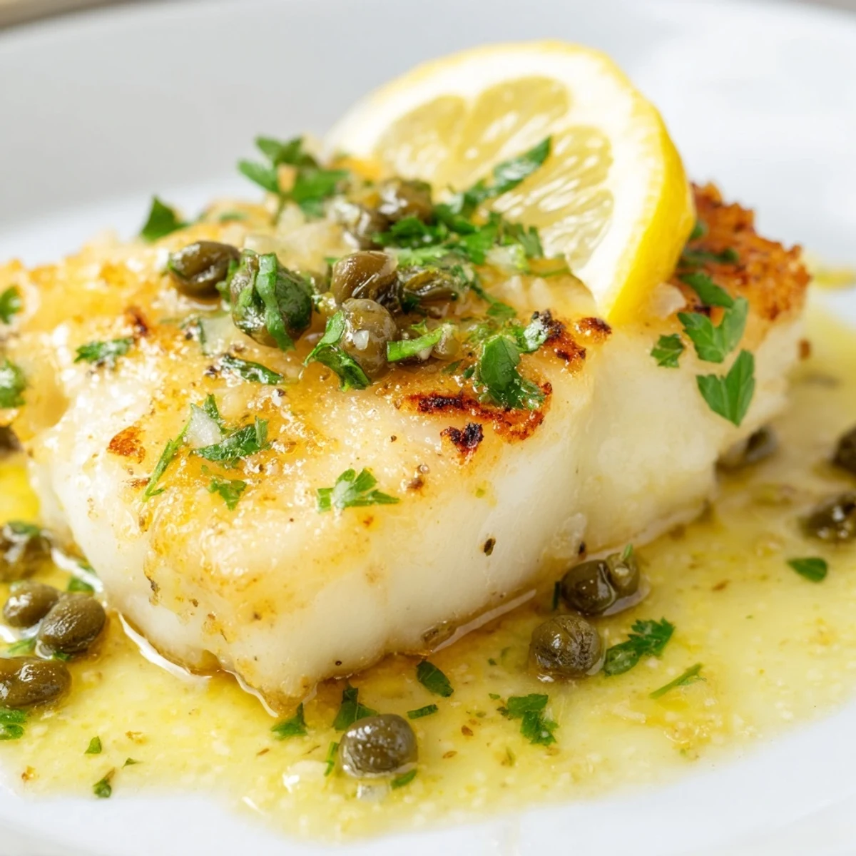 Tender cod piccata served in a white wine lemon butter sauce with capers