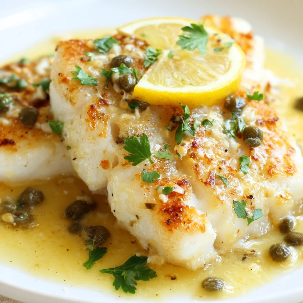 Lightly floured cod fillets finished in a zesty garlic lemon sauce with capers