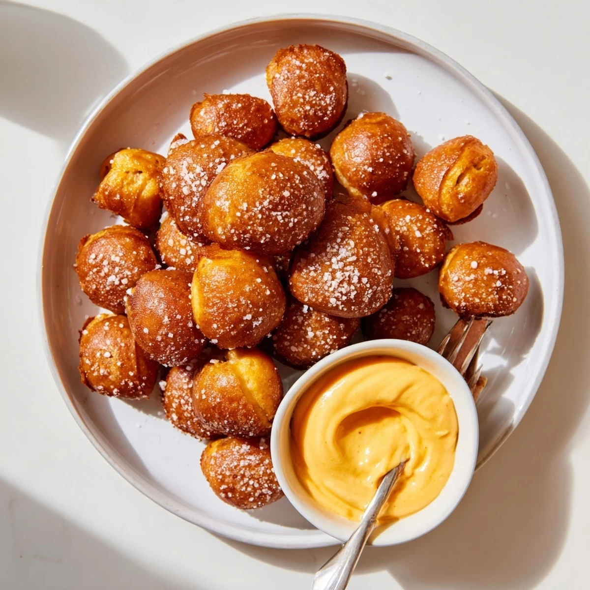 Golden air fryer pretzel bites with coarse sea salt served alongside warm zesty cheese dip
