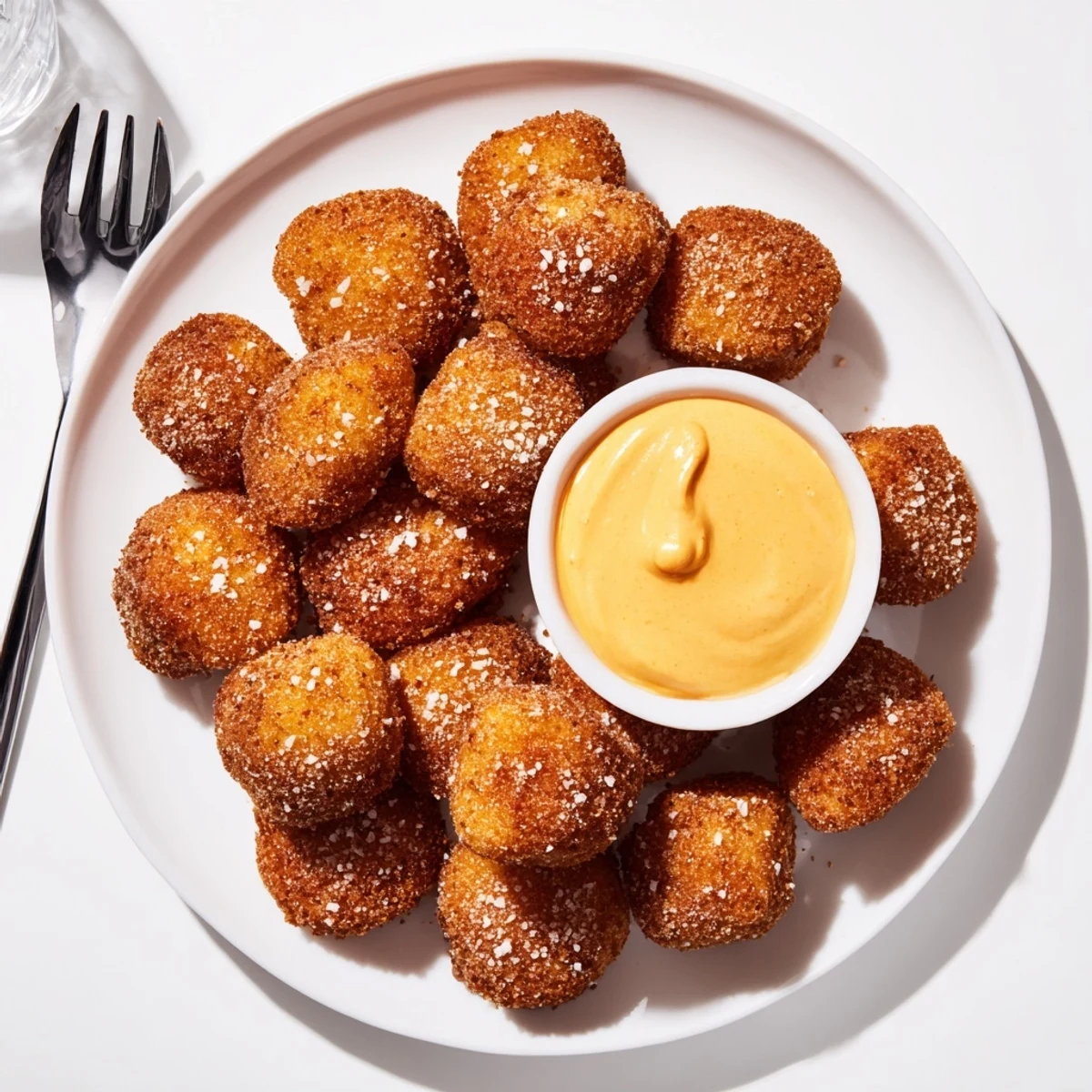 Crispy pretzel bread bites arranged on a platter with creamy cheddar dipping sauce