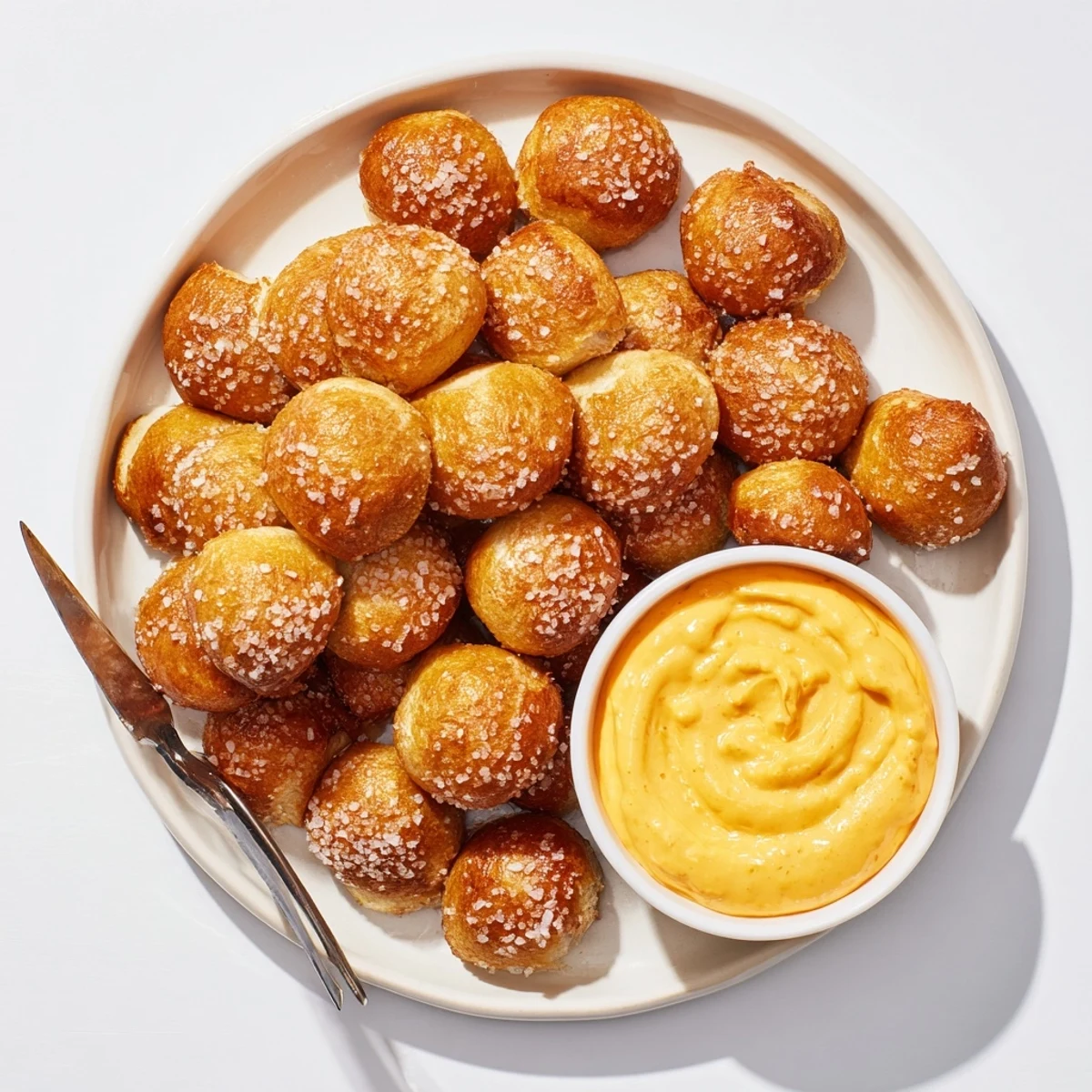 Chewy air fryer pretzel bites sprinkled with salt next to a bowl of zesty cheese dip