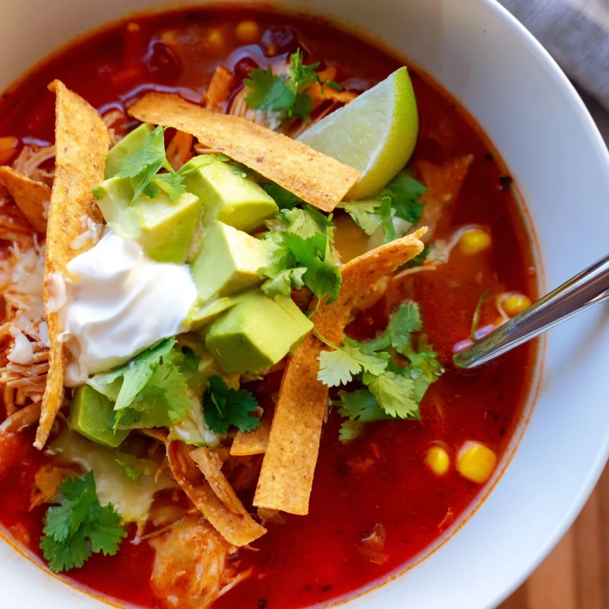 Bowl of Mexican tortilla soup featuring crispy golden tortilla strips, diced avocado, and shredded cheese garnish