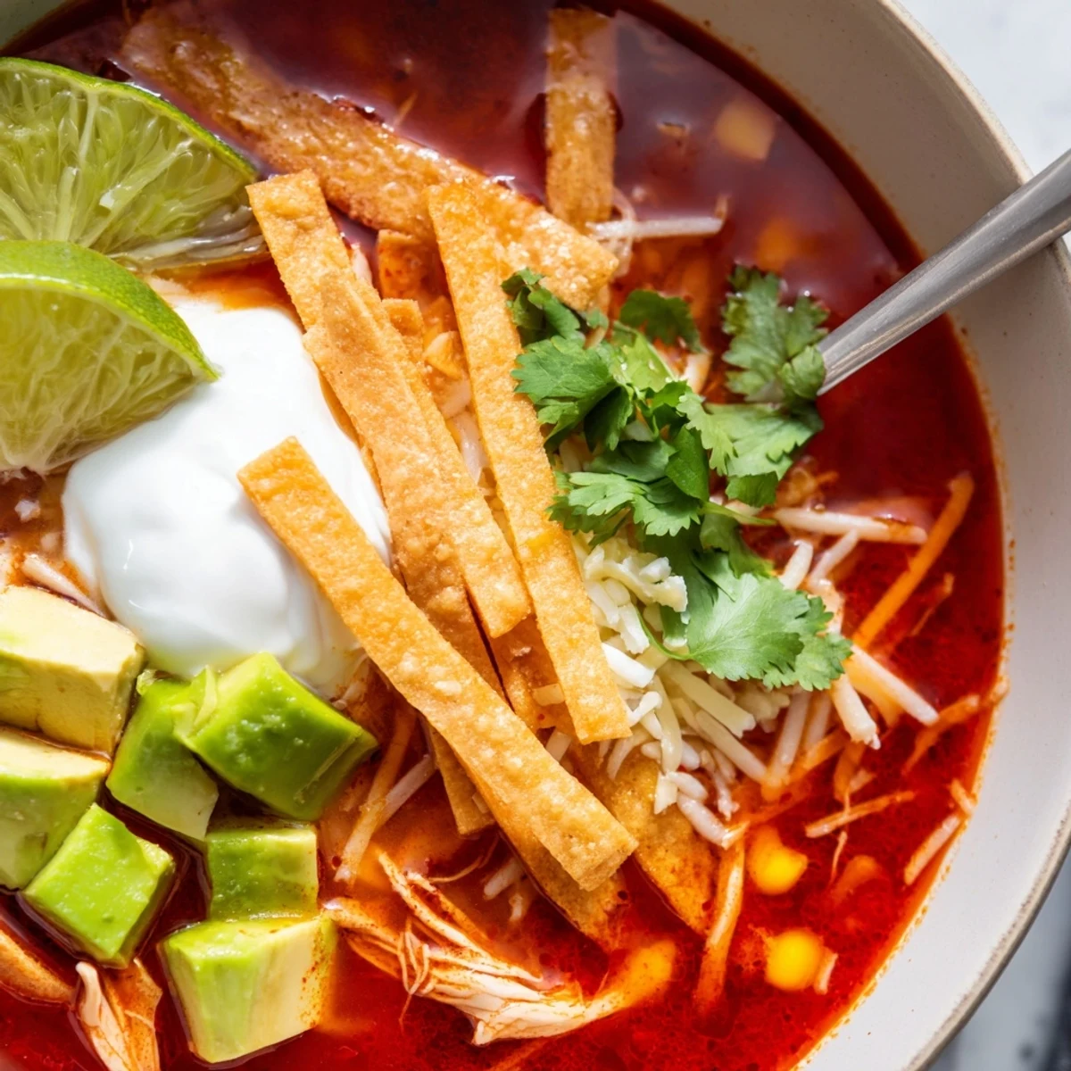 Steaming Mexican tortilla soup topped with fresh cilantro, creamy avocado, and crunchy baked tortilla pieces
