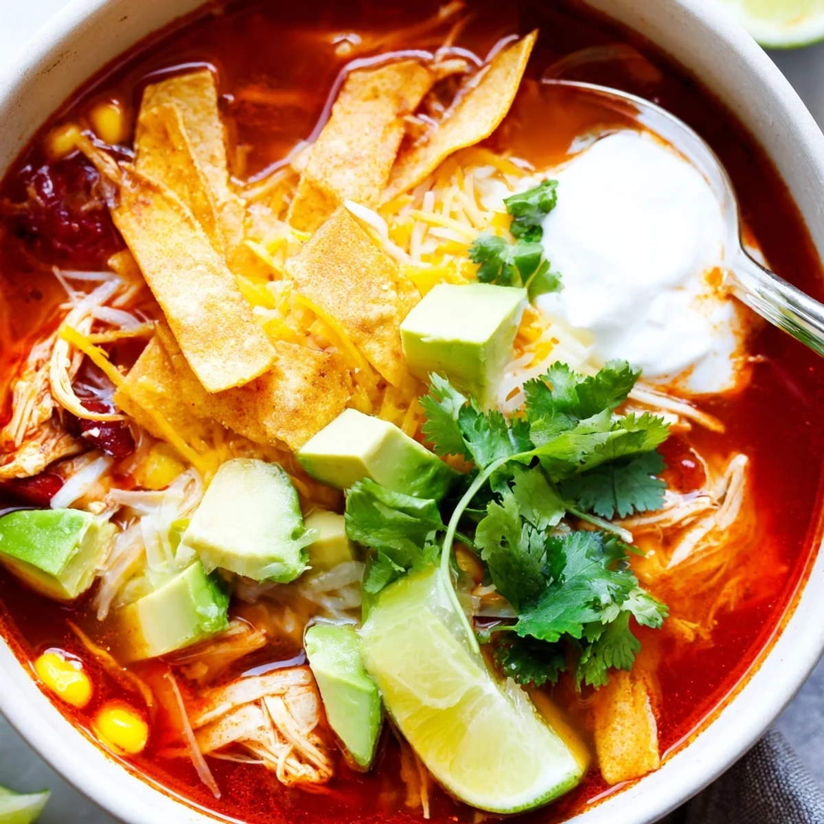 Rich tomato-based Mexican tortilla soup with tender chicken, corn, and zesty lime and sour cream toppings
