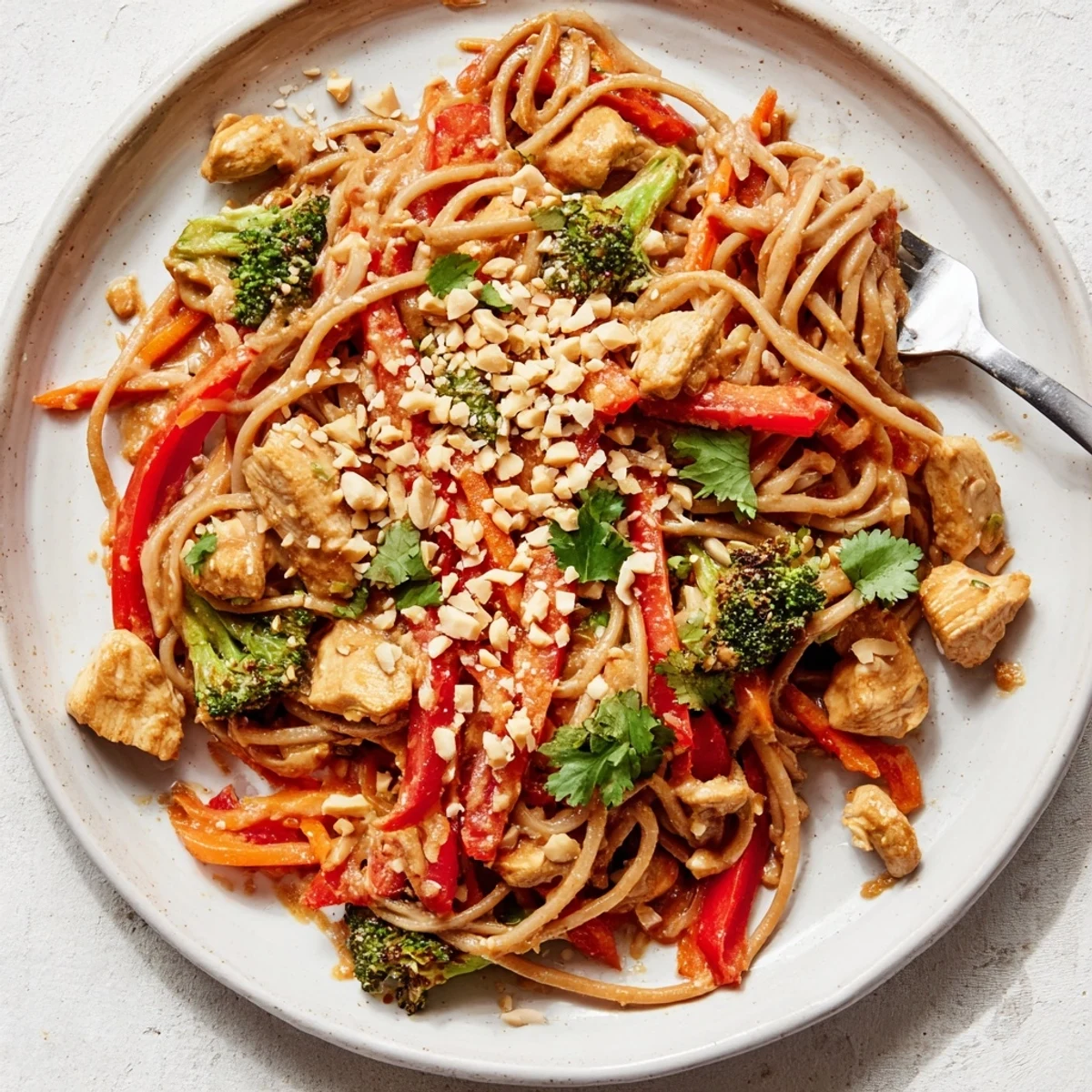 Glossy peanut chicken noodle meal prep in container with colorful vegetables and creamy sauce